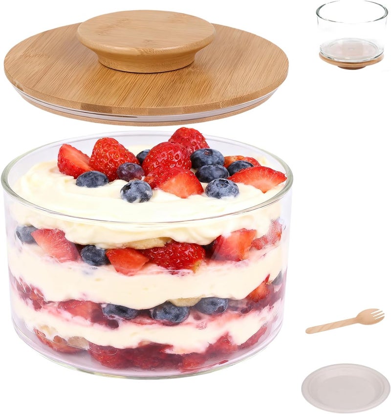 DigNew 141oz Trifle Bowl with Lid, High Borosilicate Glass Serving Bowls with Lids & Bamboo Cover, 2-in-1 Pedestal Salad Bowl & Trifle Dish, 20 Forks & Plates Included for Party - Image 1